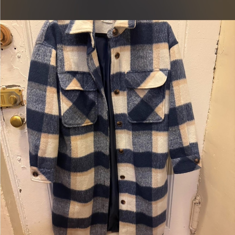 Primark Navy & Cream Plaid Longline Shacket Coat